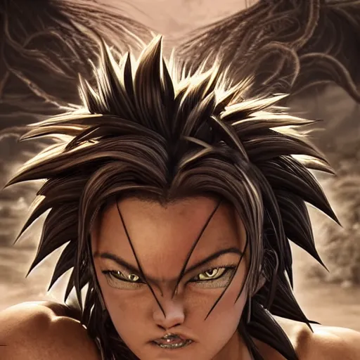 Image similar to fistfight, warrior girl, muscular girl, wild spiky black saiyan hair, long spiky hair, electrified hair, fistfighting demons, goblins, ultra realistic, intricate details, highly detailed, subsurface scattering, photorealistic, octane render, 8 k, art by artgerm, greg rutkowski, magali villeneuve, alphonse mucha