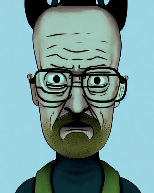 Image similar to portrait of walter white in the style of justin roiland. ugly, creepy, demonic, horror. cinematic lighting. style of rick & morty. photographic, photography. by justin roiland