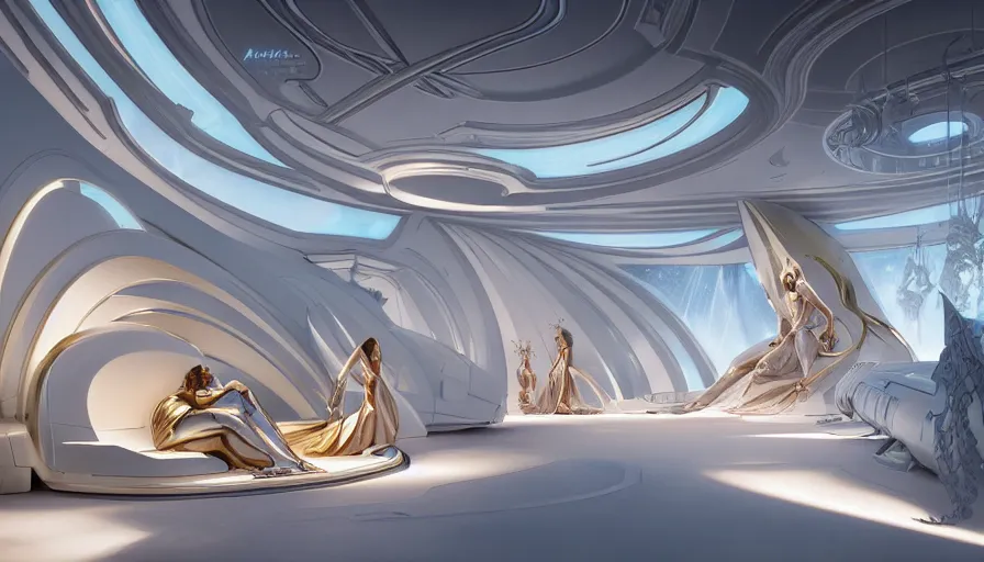 Image similar to a futuristic luxury boutique by artgerm and greg rutkowski and alphonse mucha, zaha hadid, volumetric light, detailed, octane render, midsommar