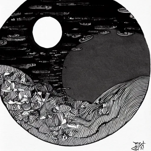 Image similar to full moon, style of shuzo oshimi, black outline, on white, smooth, thin sharp lines, detailed