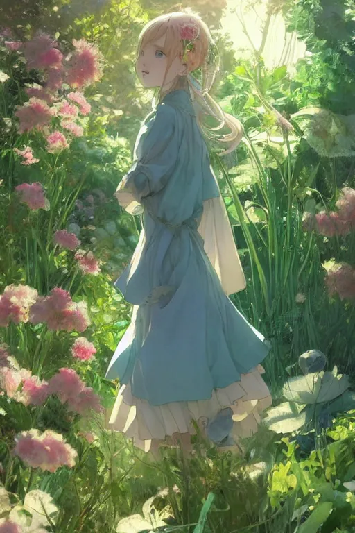 Image similar to a depressed digital art, loli in dress, garden, green and warm theme, blue accents, back lighting, highly detailed, 4 k resolution, trending on art station, by krenz cushart and mucha and akihito yoshida and greg rutkowski