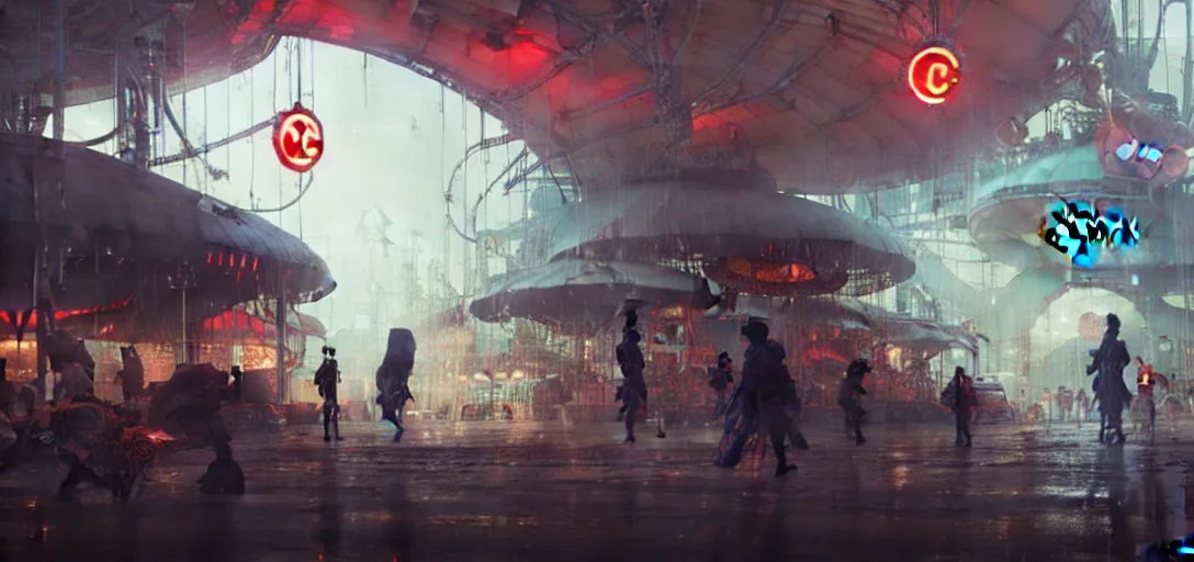 Image similar to close - up of old cyborgs exploring small town cyperpunk amusement, mcdonalds sign, big top circus tent, highly detailed, nightmare, japan, digital painting, concept art, matte, art by ruan jia and wlop and greg rutkowski and makoto shinkai, masterpiece