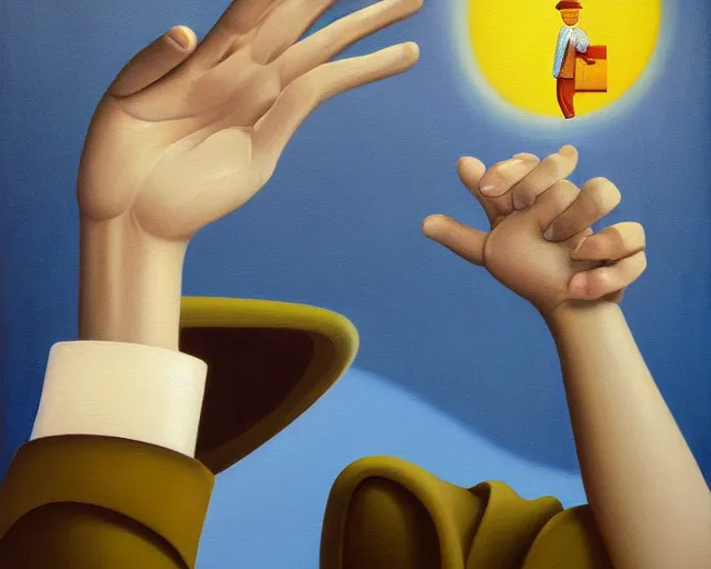 Image similar to a painting of a person waving hello, an ultrafine detailed painting by rafal olbinski, behance contest winner, pop surrealism, detailed painting, very detailed, minimalist, skeuomorphic, airbrush art