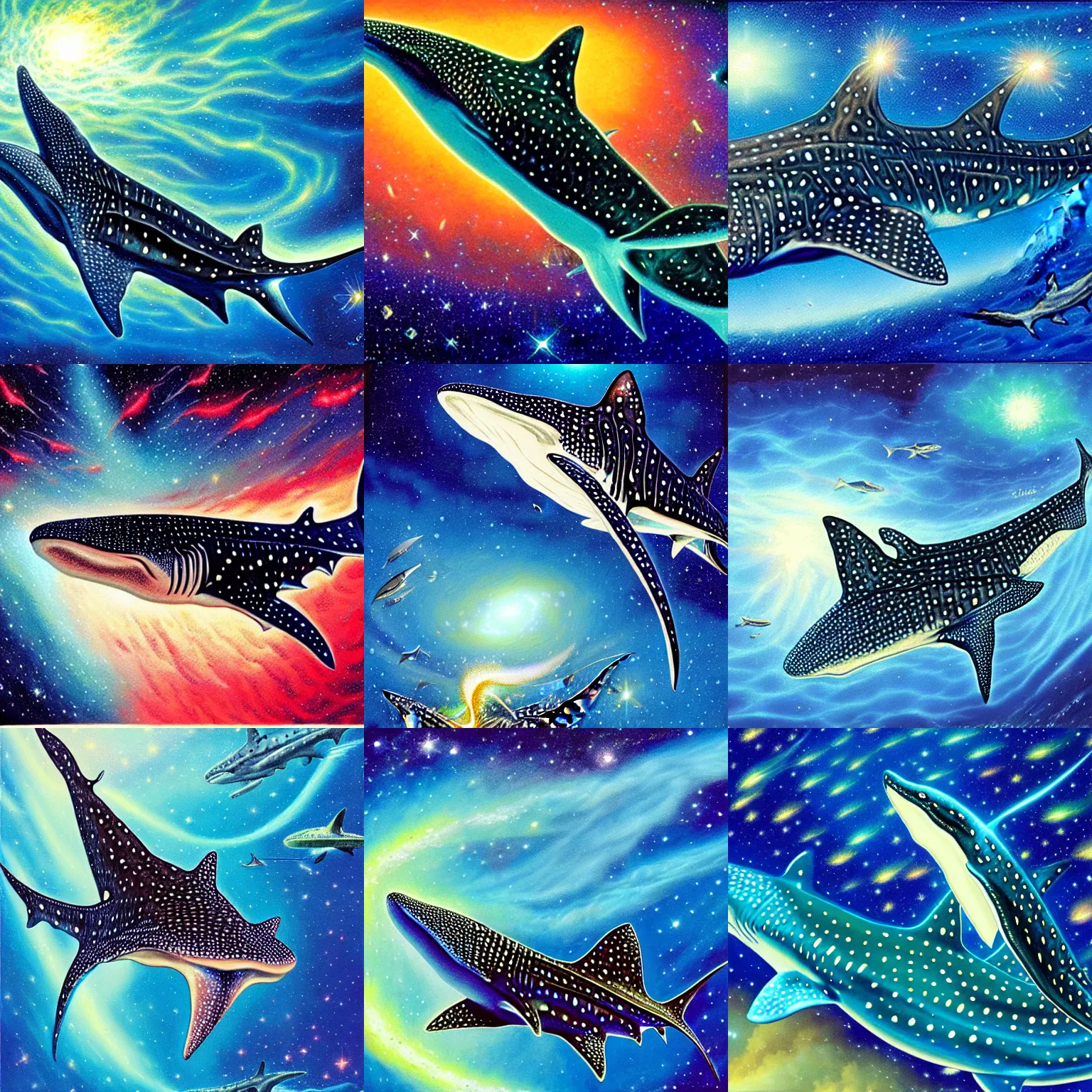 Prompt: finely detailed gouache painting of a whale shark, swirling luminous nebula background, bob eggleton, ultra detailed, gouache illustration of whale - shark foreground, colorful nebula background, sharp focus