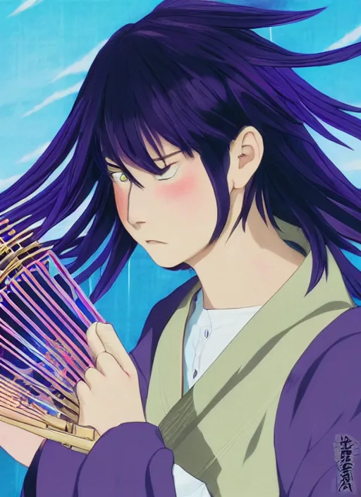 Image similar to teenager boy with straight indigo hair, purple eyes with red eye markers, slim body, wearing a detailed Japanese kimono with golden armpieces, holding a pair of fans. rich vivid colors, ambient lighting, dynamic lighting, 4k, official media, anime key visual, makoto shinkai, ilya kuvshinov, lois van baarle, rossdraws, detailed, trending on artstation