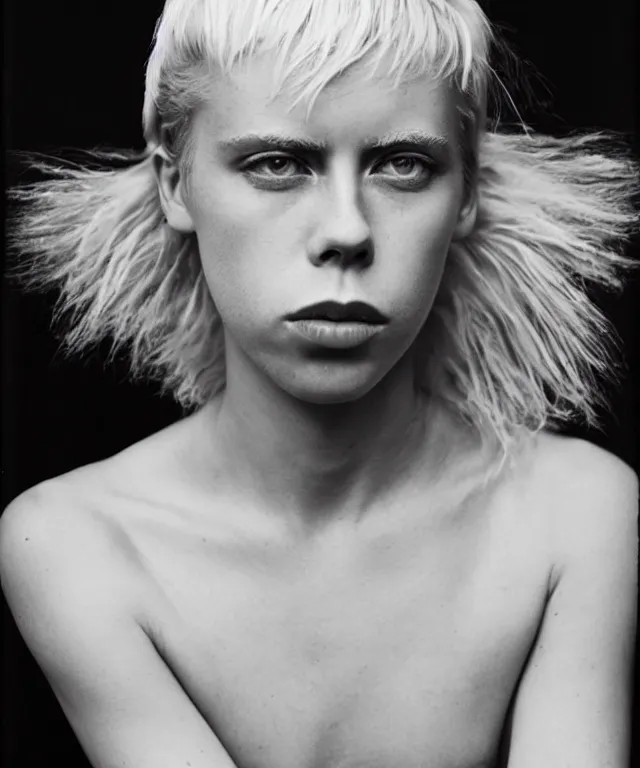 Prompt: a color photograph of edie campbell, bleached blonde short hair, by carrie mae weems, intense, bold, hyperrealistic, ultra sharp, extra details, ultra high quality, trending on pinteresst