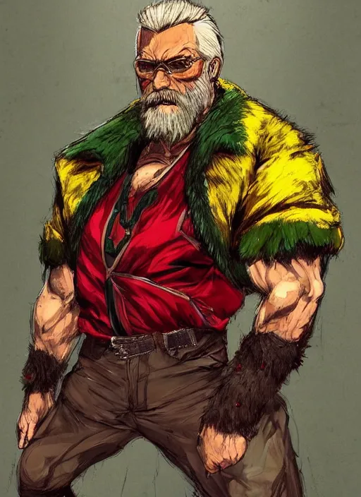 Image similar to Full body portrait of an old muscular man with blonde hair and beard wearing bear skin and red, green and gold jacket. In style of Yoji Shinkawa and Hyung-tae Kim, trending on ArtStation, dark fantasy, great composition, concept art, highly detailed.