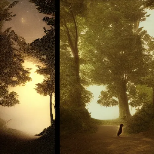 Image similar to matte painting of a tabby cat walking on a path in a dark moonlit Maine forest, serene, highly detailed, by caravaggio and alan lee, trending on artstation, 4k