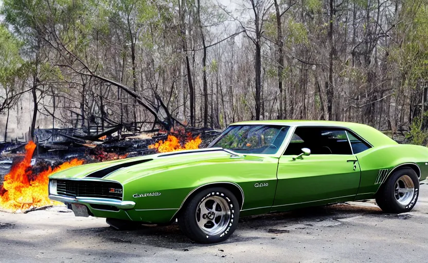 Image similar to a green 1 9 6 9 chevrolet camaro zl driving away from a fire explosion