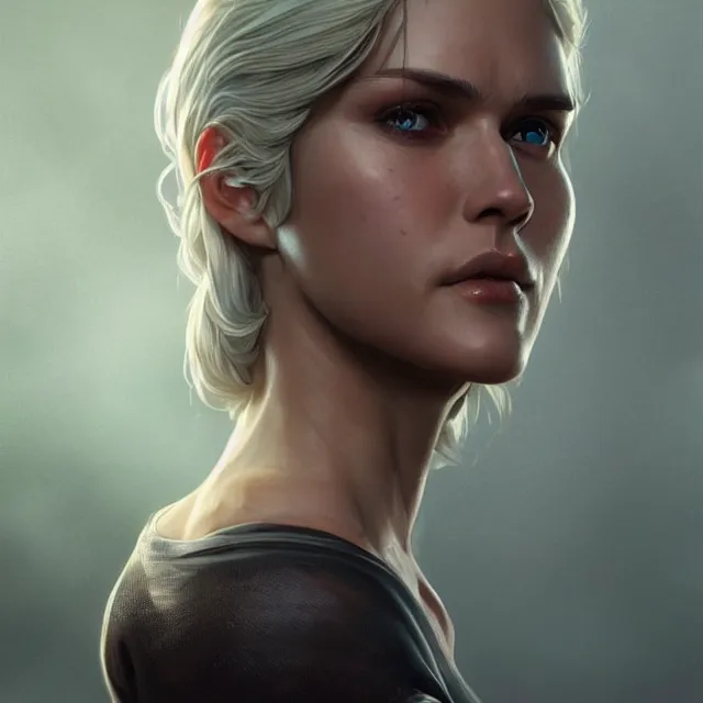 Image similar to cirilla wearing tight in chest shirt, half - opened shirt, ultra realistic, pretty face, extremely detailed face, anatomically correct, symmetrical, concept art, intricate details, highly detailed, photorealistic, octane render, 8 k, unreal engine. art by artgerm and greg rutkowski and alphonse mucha