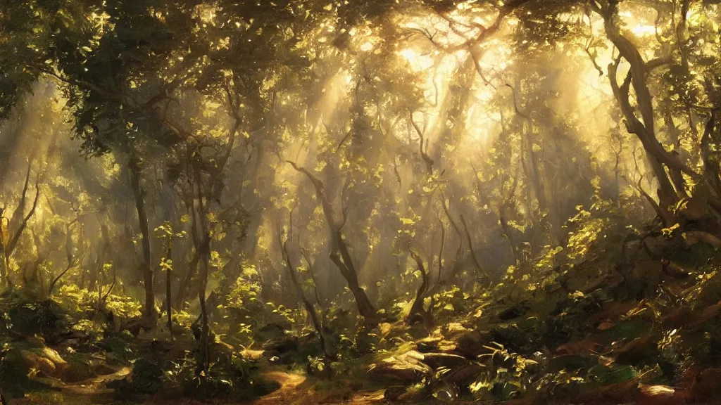 Prompt: A John Singer Sargent oil painting of a hauntingly beautiful elven forest in the morning; rays of light coming through the canopy; trending on artstation; extraordinary masterpiece!!!!!!; 8k