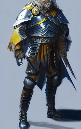 Prompt: highly detailed concept art of a rugged young knight with blonde hair and blue eyes and a short beard wearing a blue shirt over chain mail and steel pauldrons and a yellow cape and leather boots, concept art by Greg Rutkowski, realistic, masterpiece, ArtStation