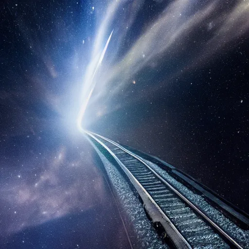 Image similar to A train going through space, 4K, professional photography