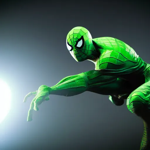 Image similar to still photo of green spider - man, highly detailed, photorealistic portrait, bright studio setting, studio lighting, crisp quality and light reflections, unreal engine 5 quality render