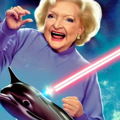 Prompt: betty white riding a dolphin in space with laser beams coming out of her eyes dual wielding lightsabers