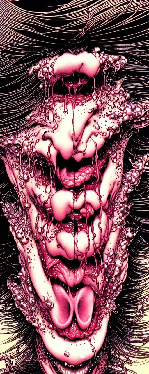 Image similar to closeup of face melting in agony with tongue, by yoichi hatakenaka, masamune shirow, josan gonzales and dan mumford, ayami kojima, takato yamamoto