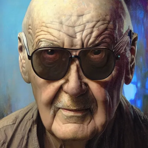 Image similar to hyperrealist portrait of an ancient old alien man with large cruel intelligent eyes and a huge head standing in front of a computer interface by jeremy mann and alphonse mucha and stan lee, fantasy art, photo realistic, dynamic lighting, artstation, poster, volumetric lighting, very detailed faces, award winning, full face, symmetry