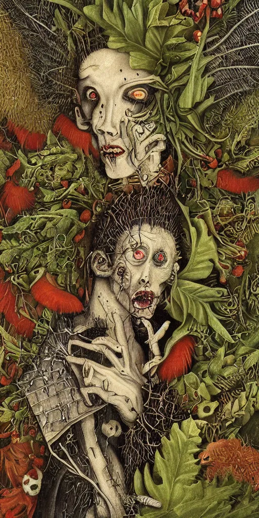 Prompt: portrait of a teenage punk zombie dissolving in a field of foliage, botanicals, fruit and feathers, highly detailed, fantasy art, in the style of hieronymous bosch, cartoonish, whimsical