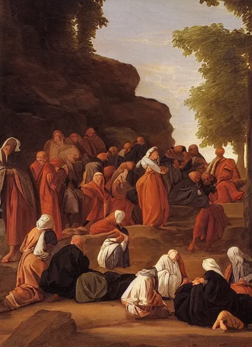 Image similar to elisabeth louise vigee - le brun painting of crowd of medieval monks raising new magical glowing spirit, old master painting with stunning lighting and details photoreal dusk sun lit light,