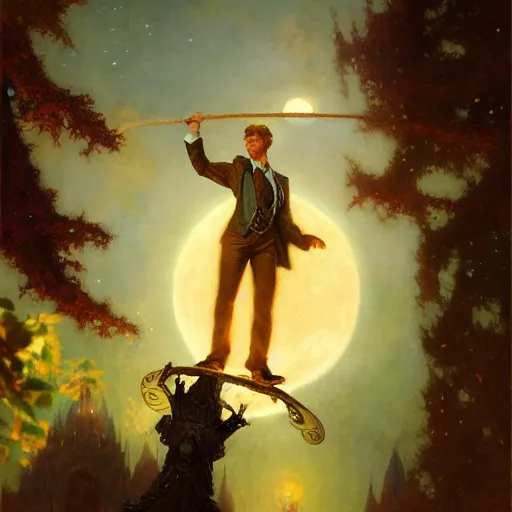 Image similar to attractive male wizard magically floating high in the night, fantasy, full moon in background. highly detailed painting by gaston bussiere, craig mullins, j. c. leyendecker, mid shot, 8 k