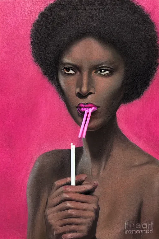 Image similar to A beautiful tall black woman with dark skin and a pink afro, looking at you from across the bar, holding a lit cigarette, digital art, oil painting, clean lines, drawn by H.R Giger