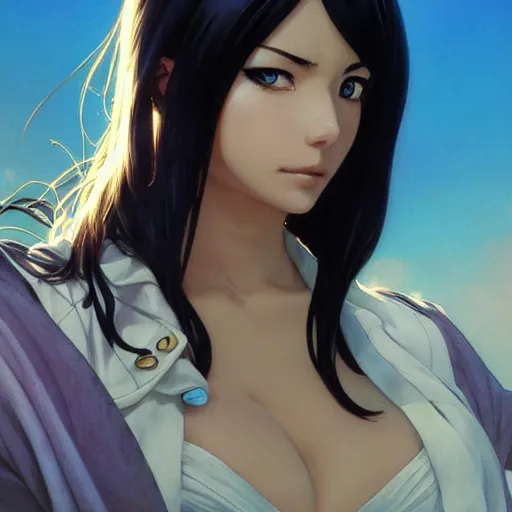 Image similar to highly detailed vfx portrait of nico robin by eiichiro oda!, makoto shinkai, alphonse mucha, sharp focus, art by artgerm and greg rutkowski!, backlit, harsh overhead sunlight, blue eyes!!, large aquiline nose!!, stanley kybric, kaoru mori, shadows, best of behance,