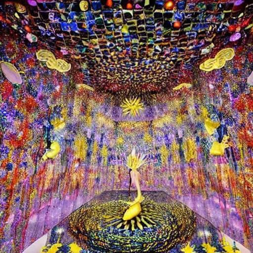 Image similar to art installation. paralyzed by the indescribable beauty of the cosmos. by guo pei, by tex avery dreary