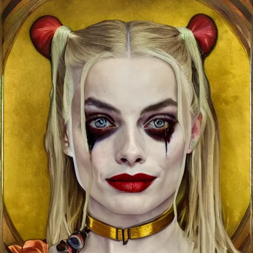 Image similar to A portrait of Margot Robbie, Harley Quinn, The Suicide Squad, oil painting in a renaissance style, very detailed, gold background, painted by Alphonse Mucha