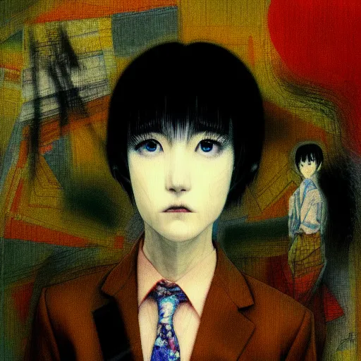 Image similar to yoshitaka amano blurred and dreamy realistic three quarter angle portrait of a young woman with short hair and black eyes wearing office suit with tie, junji ito abstract patterns in the background, satoshi kon anime, noisy film grain effect, highly detailed, renaissance oil painting, weird portrait angle, blurred lost edges