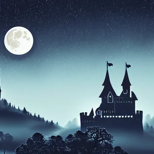 Image similar to highly detailed, silhouette of a castle on misty mountains, beautiful, calm, full moon, digital art