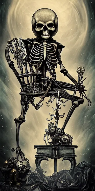 Prompt: tarot card render of a skeleton sitting on a throne, poster art by James Jean, Joe Fenton, Lise Deharme, Anne Stokes, Brian Despain, Petros Afshar behance contest winner, gothic art, , apocalypse art, behance hd, macabre poster art,