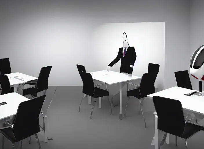 Prompt: A business meeting room. there are ONLY 2 people in the room. the first is a severed human head. flying human head. The head is Hovering with no body. the second person is the room is a Robot. there are no more people in the room.