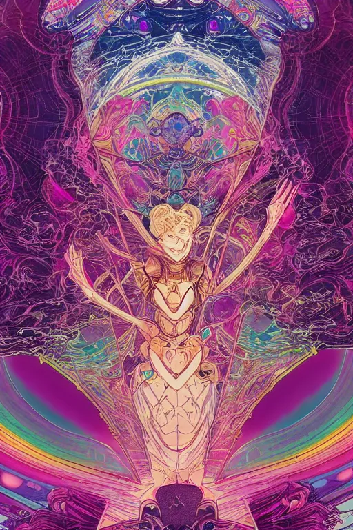 Image similar to the empress by travis charest and laurie greasley, detailed, kaleidoscope, psychedelic, cosmic energy by Kelly McKernan, yoshitaka amano, hiroshi yoshida, moebius, artgerm, cool tone pastel rainbow colors, inspired by dnd, iridescent aesthetic, centered symmetrical and detailed