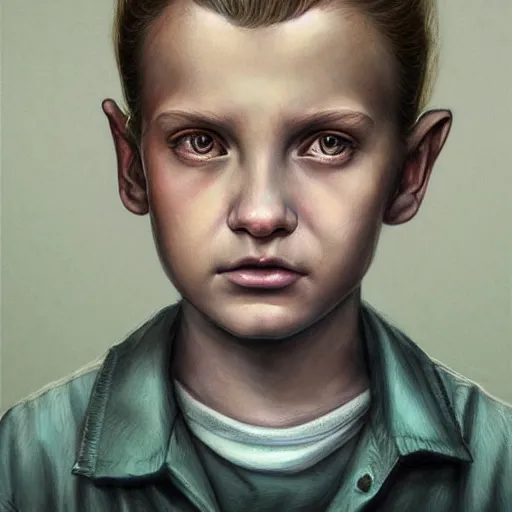 Prompt: portrait of Eleven from the stranger things by (((Marco Mazzoni ))) marco mazzoni ,dark ,detailed!! ,(((flowers on hair))) ,portrait,