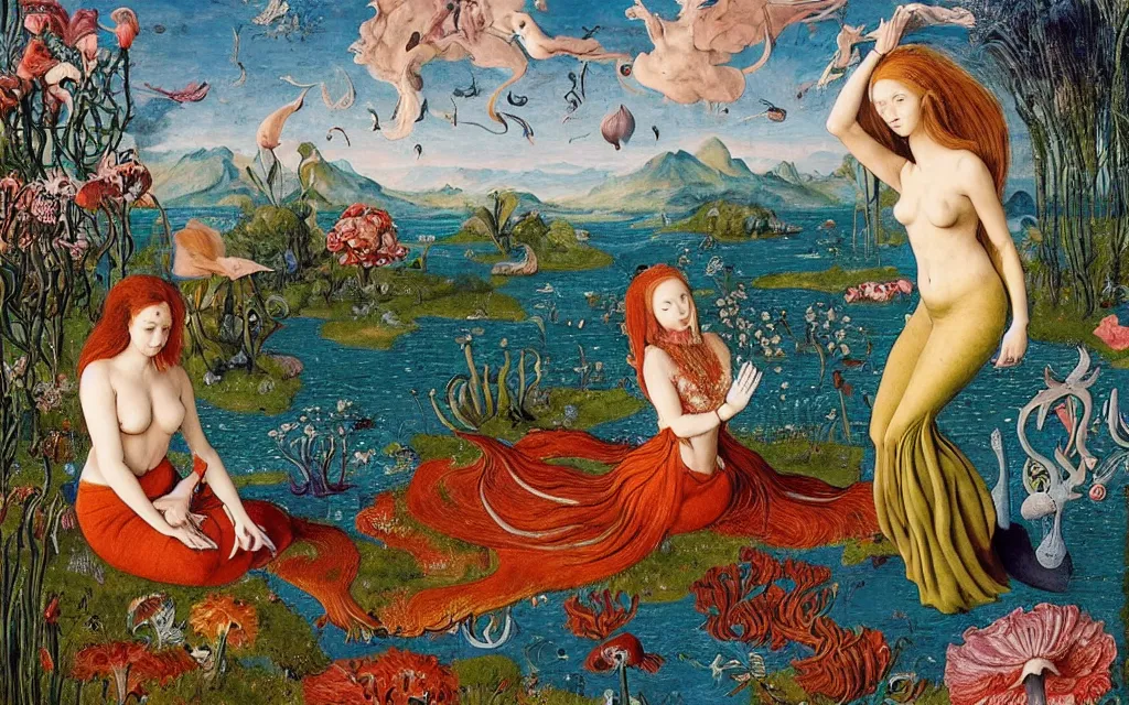 Prompt: a portrait photograph of a meditating mermaid and a centaur king riding birds at a wide river delta. surrounded by bulbous flowers, animals, trees and mushrooms. mountain range under a vast blue sky of burning stars. painted by jan van eyck, max ernst, ernst haeckel and artgerm, cgsociety, artstation, fashion editorial