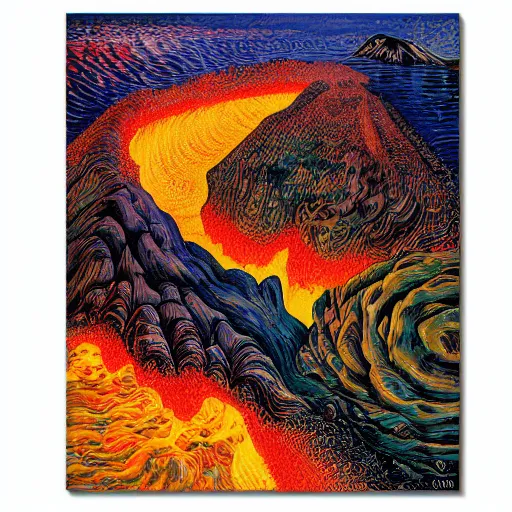 Image similar to vulcano, lava, ocean, surreal by dan mumford and umberto boccioni, oil on canvas