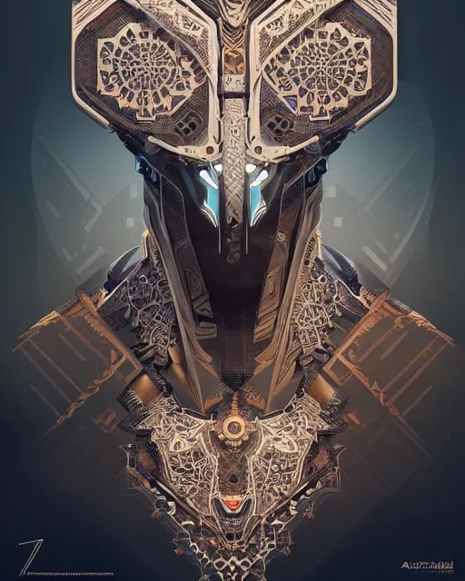 Image similar to symmetry!! portrait of a machine from horizon zero dawn, machine face, decorated with islamic motifs, intricate, elegant, highly detailed, digital painting, artstation, concept art, smooth, sharp focus, illustration, art by artgerm and greg rutkowski and alphonse mucha, 8 k