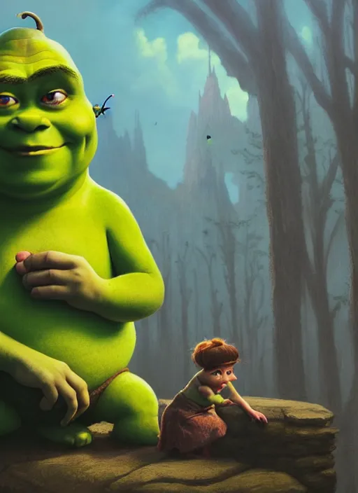 Image similar to shrek minion, stephen bliss, unreal engine, greg rutkowski, ilya kuvshinov, ross draws, hyung tae and frank frazetta, tom bagshaw, tom whalen, nicoletta ceccoli, mark ryden, earl norem, global illumination, god rays, detailed and intricate environment