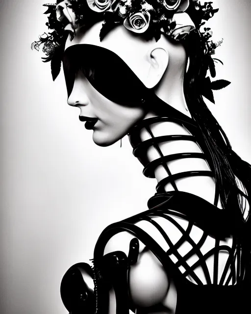 Image similar to dreamy surreal poetic black and white photo of a beautiful young bio-mechanical-female-cyborg-plastic-robot with a very long neck and a super big gothic lace collar and a very high big floral crown with many black dry roses by Vivienne Westwood:: smoke, high fashion, haute couture, rococo, avant-garde, elegant, dreamy, hyper realistic, 150 mm lens, soft rim light, octane render, unreal engine, picture was taken in 1910 by Dora Maar, volumetric lighting, dramatic light,8k,