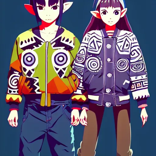 Image similar to majora majora's mask wearing oversized mayan bomber jacket with overalls, bulky poofy bomber jacket with mayan patterns, aztec street fashion, botw art style, gapmoe yandere grimdark, trending on pixiv fanbox, painted by greg rutkowski makoto shinkai takashi takeuchi studio ghibli, akihiko yoshida