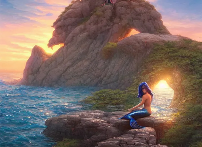 Prompt: a beautiful photo of a mermaid sits on a rock and stares at the island, sunset lighting, fantasy, hyper realistic, 1 0 5 mm, art by artgerm and greg rutkowski