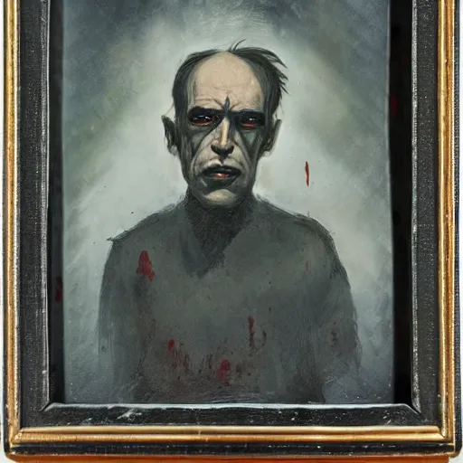 Image similar to portrait of alexander abdulov, with a red eyes, satanic body, head of old man, in blood of sinners, hellish style