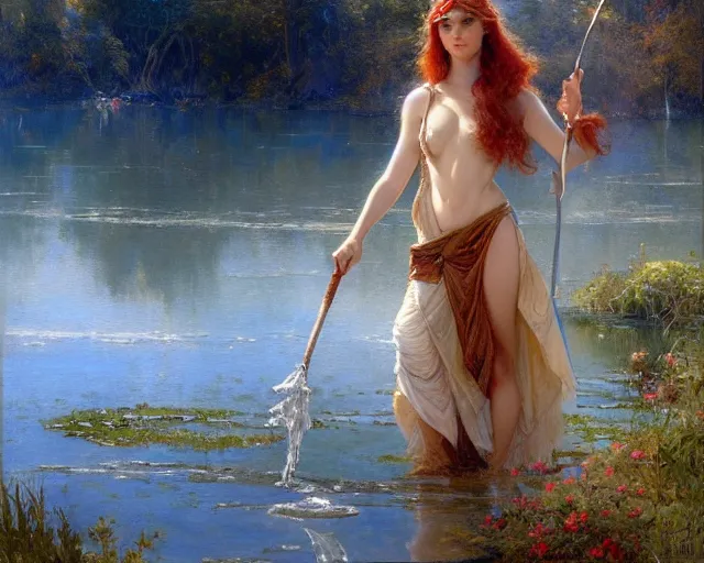 Image similar to attractive wizard casting water spell in a beautiful lake. highly detailed painting by gaston bussiere, craig mullins, j. c. leyendecker 8 k