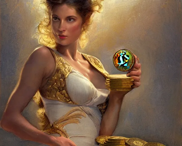 Image similar to attractive athletic woman magically holding a golden bitcoin, commercial by annie liebovitz, gaston bussiere, craig mullins, j. c. leyendecker