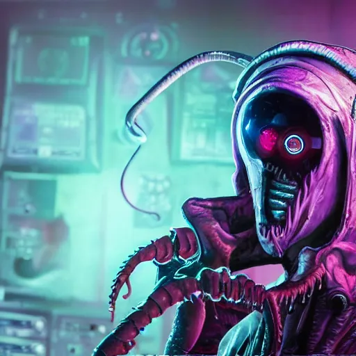 Image similar to cyberpunk undead lich ilithid mindflayer wearing headphones and playing synthesizers, D&D, laser lights, highly detailed, realistic, technology and magic,