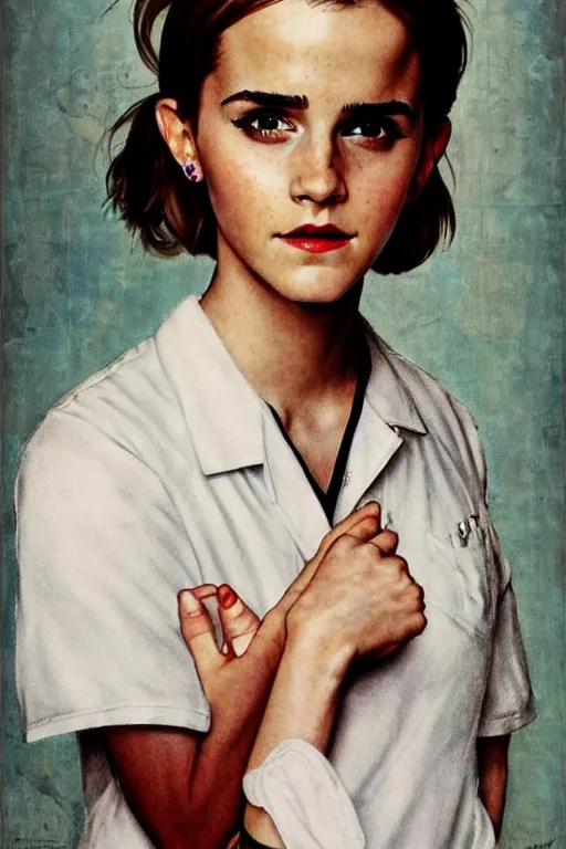 Image similar to photo photorealistic portrait photograph Emma Watson as a nurse, full length photo portrait by Norman Rockwell