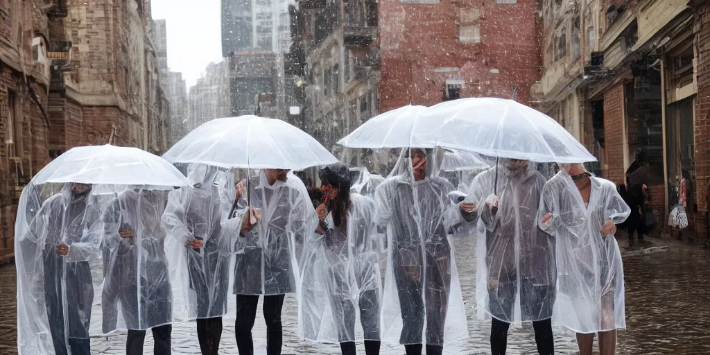 Image similar to people in transparent raincoats holding transparent umbrellas