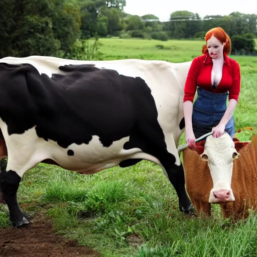 Image similar to christina hendricks milking cow in farm,