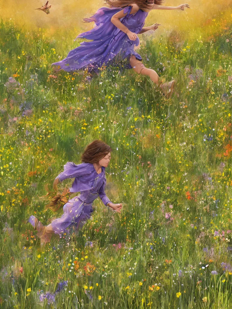 Image similar to running through the wildflowers by disney concept artists, blunt borders, rule of thirds, golden ratio, godly light