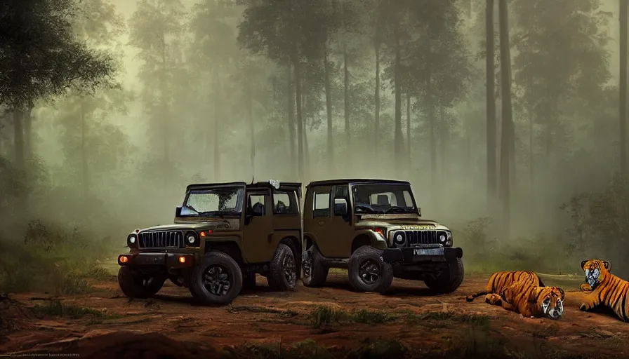 Image similar to Mahindra thar, in kerala forest, tigers and lions chasing, action scene, an epic fantasy, dramatic lighting, cinematic, establishing shot, extremely high detail, photorealistic, cinematic lighting, matte painting, artstation, by simon stalenhag, horizon forbideen west